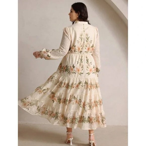 ANewsta Curve 4XL Ivory Floral Embroidered Eyelet Maxi Dress Long Sleeve Cottage - Picture 2 of 13